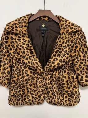MNG Suit Leopard Print Cropped Faux Fur Jacket Size 6